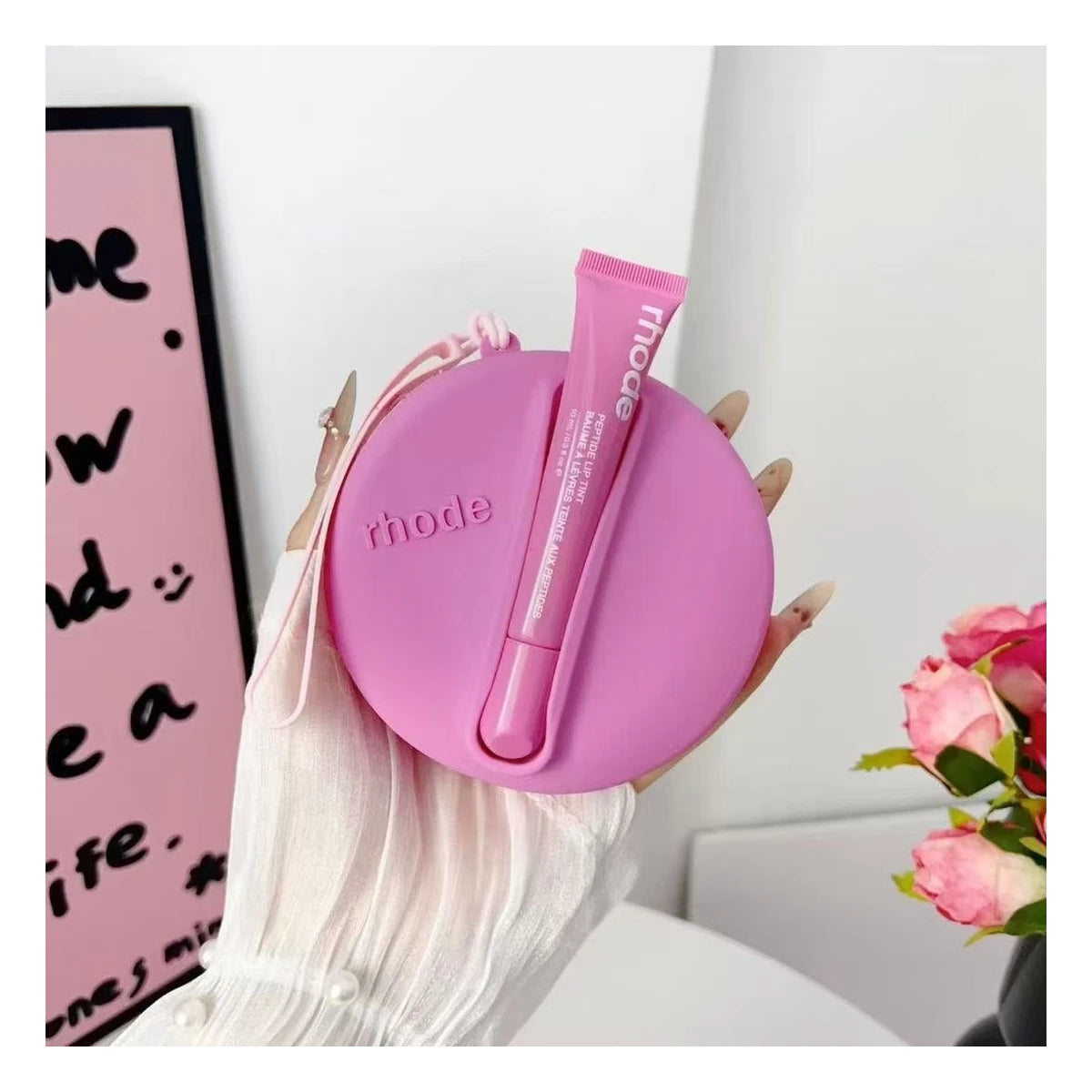 Rhode Round Silicone Wristlet Pouch with Lip Gloss Set
