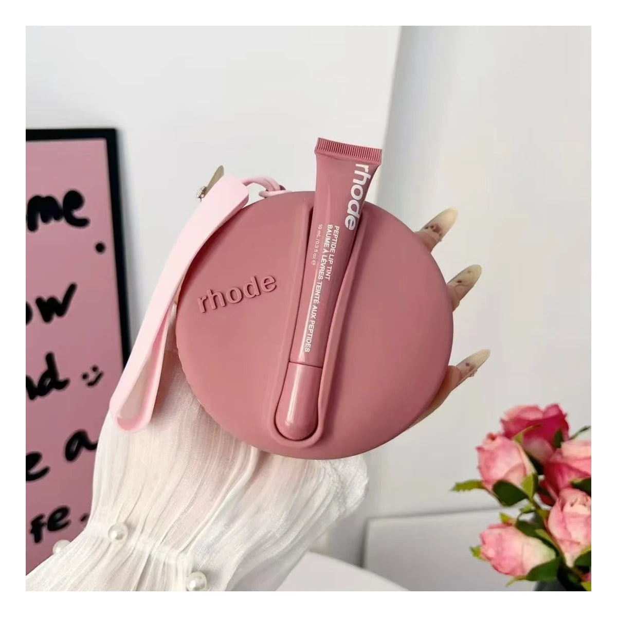 Rhode Round Silicone Wristlet Pouch with Lip Gloss Set